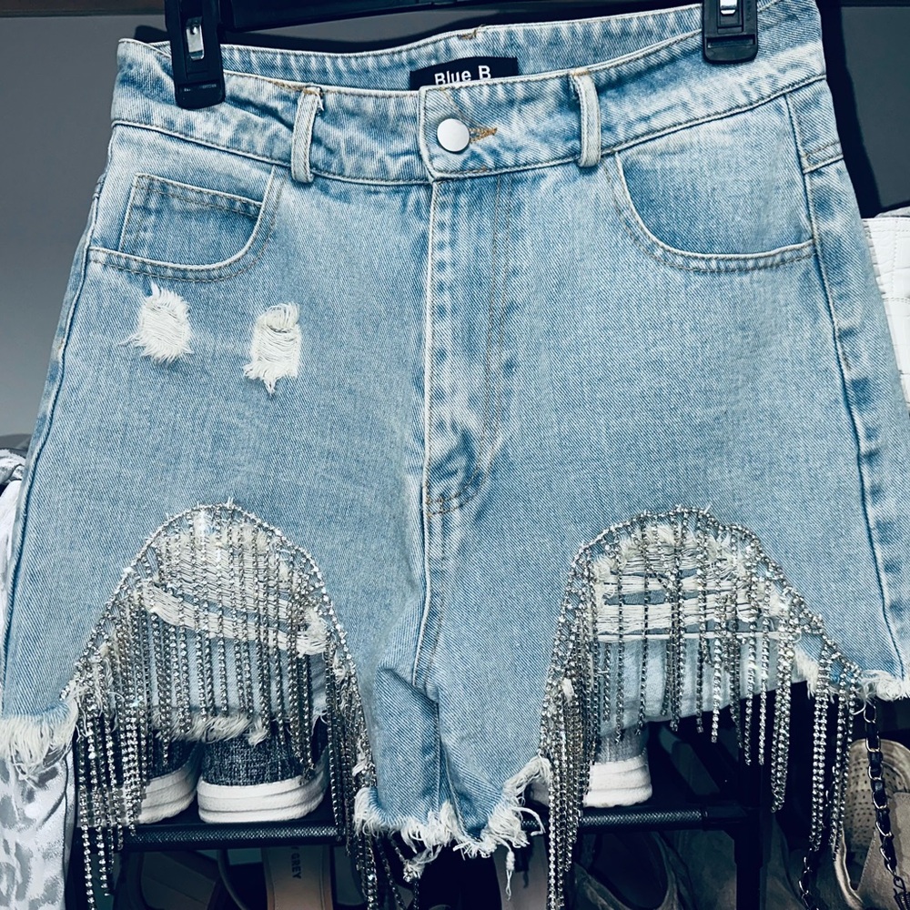 Distressed Denim Shorts with Silver Fringe